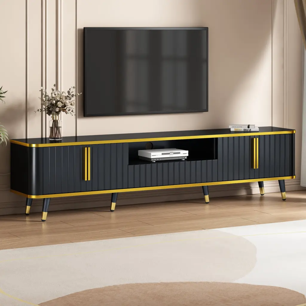 ON-TREND Luxury Minimalist TV Stand Open Storage Shelf - Entertainment Center TVs Up to 85 Inches - Black Media Console Un...