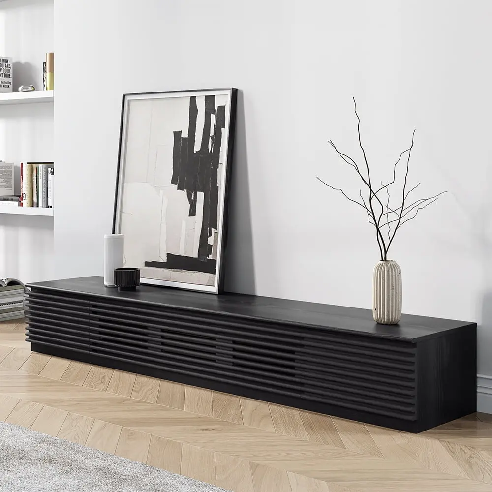 POVISON 70.87 Minimalist Black TV Stand Drawers and Flip-down Door