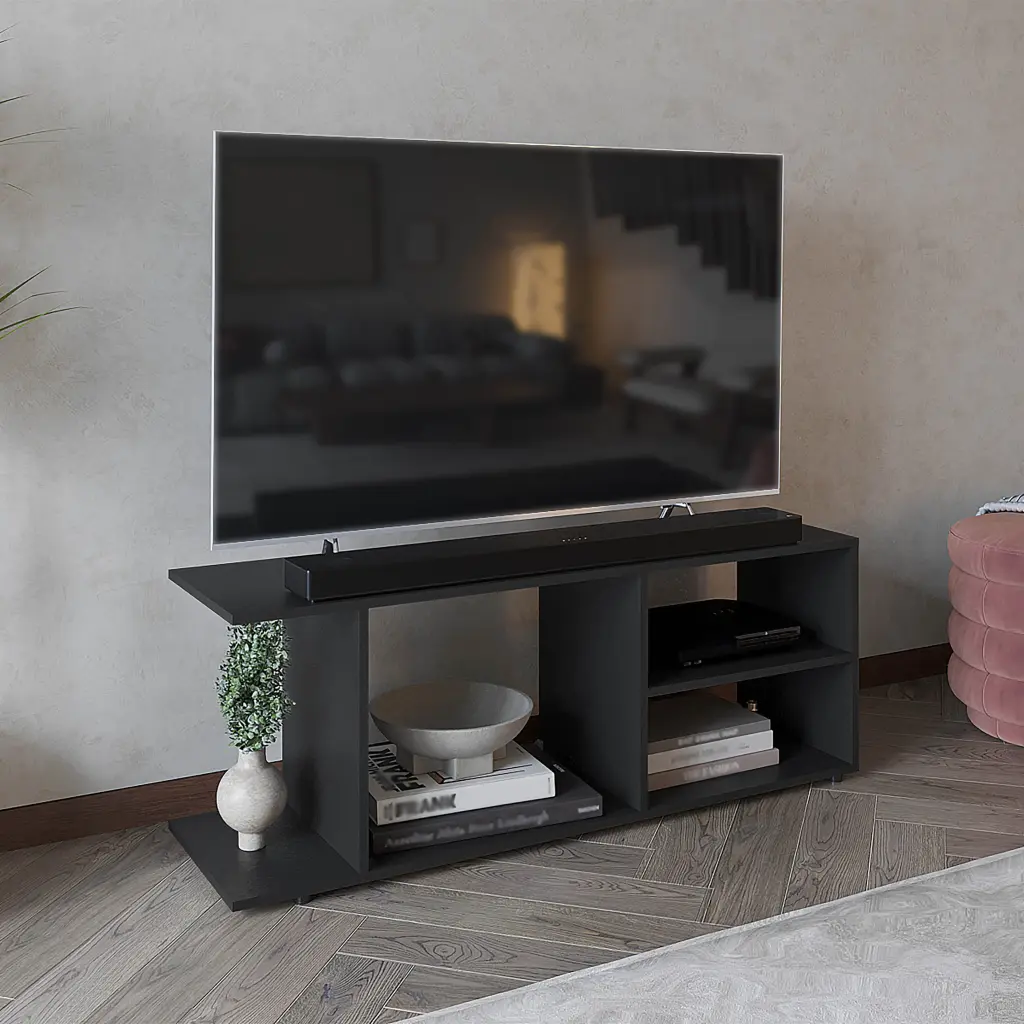 Goodwood Minimalistic TV Stand 65 Inch TV 5 Open Shelves Black rta mubles colombia