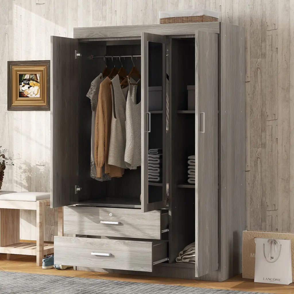 3 Door Mirror Wardrobe Shelves Gray Plywood lucky furniture