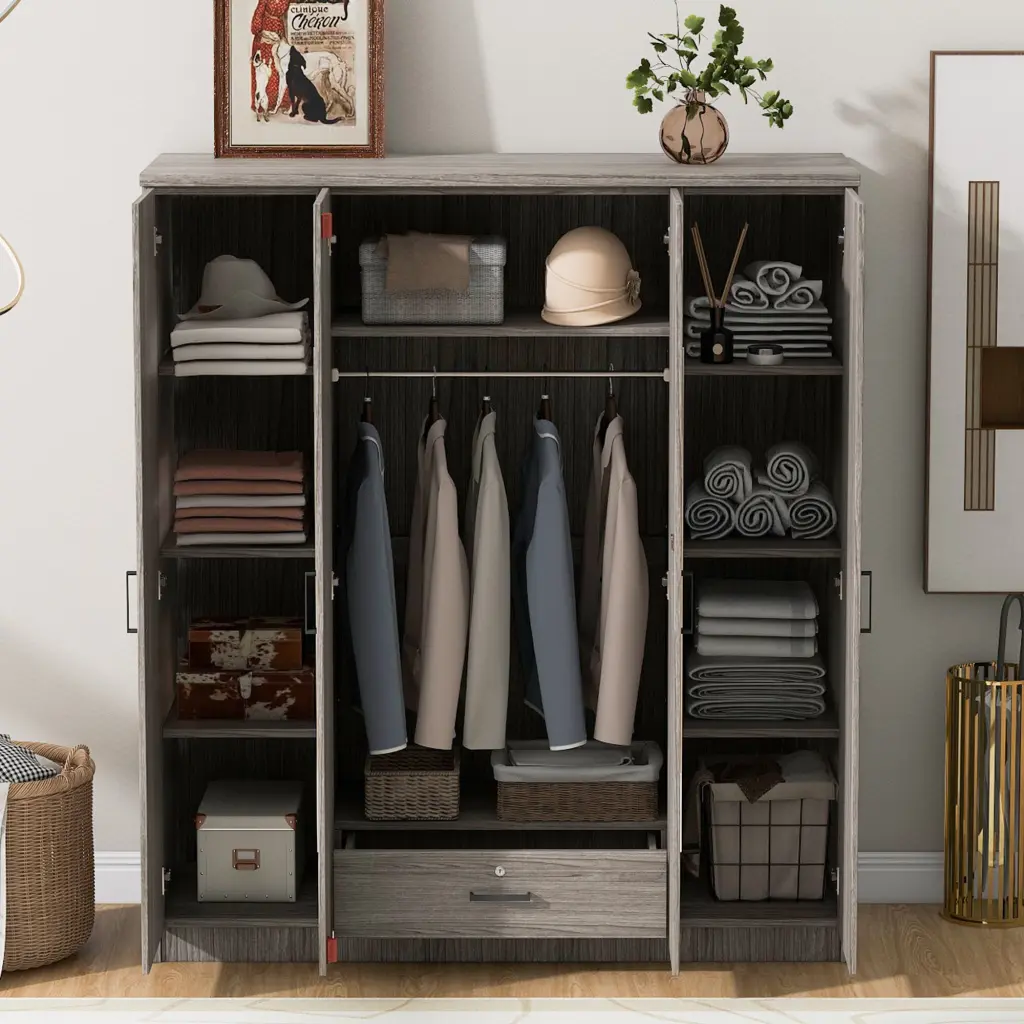 4 Door Mirror Wardrobe Shelves Gray Plywood Storage Cabinet lucky furniture