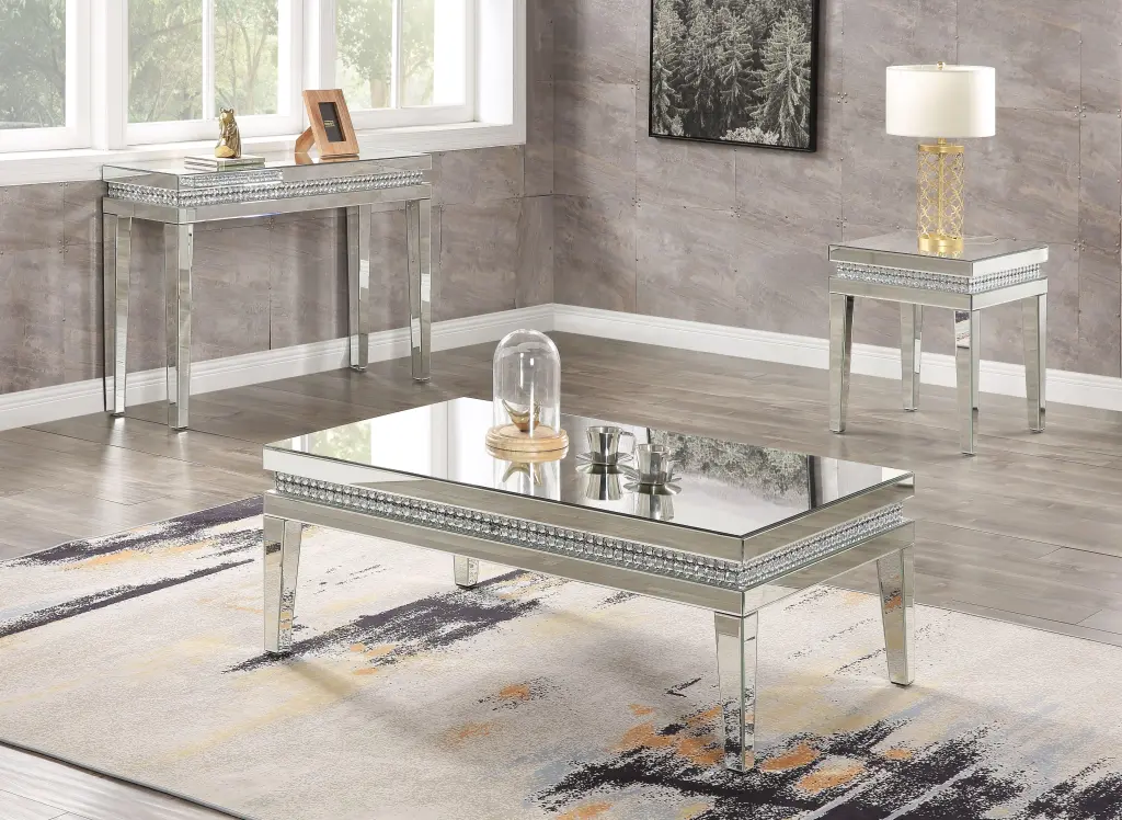 Mirrored Faux Crystals Coffee Table End Table and Sofa Table Set Acme Lotus 88050-3pcs