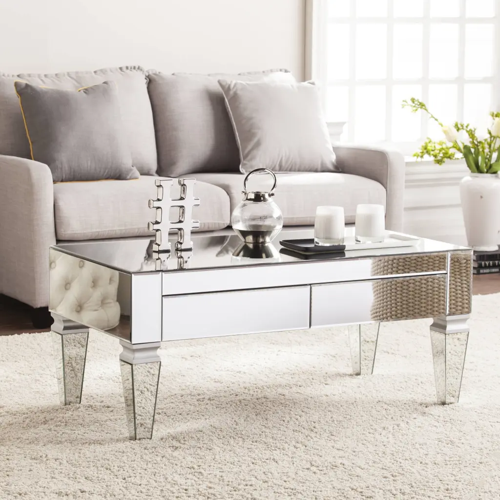 Ember Interiors Dustox Modern Mirrored Rectangle Coffee Table Silver
