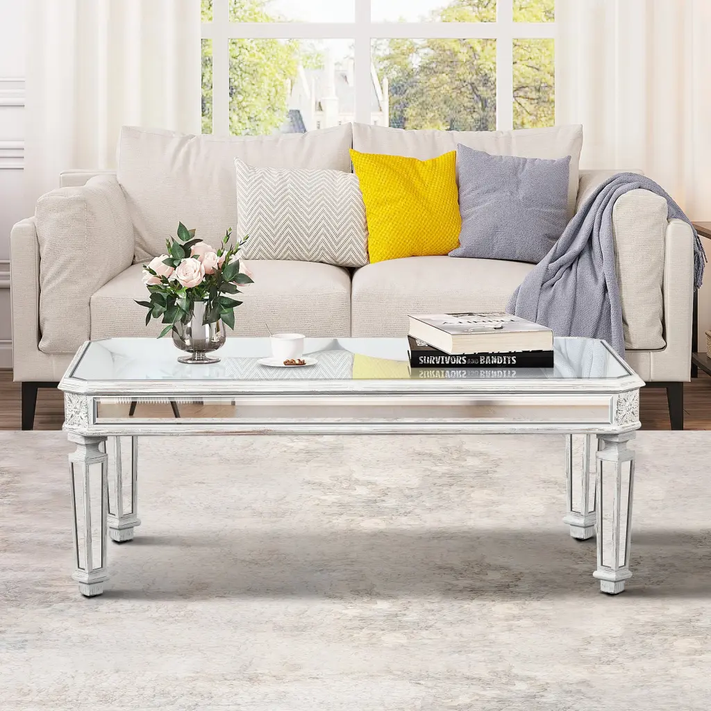 Silver Mirrored Coffee Table Vintage Carved Elements Rectangle Glass Top zrun furniture