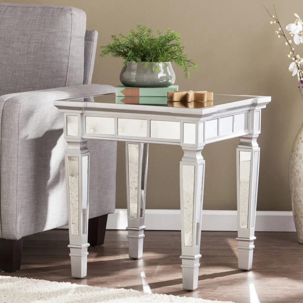 Glairon Glam Mirrored Square End Table Matte Silver Ember Interiors Southern Enterprises