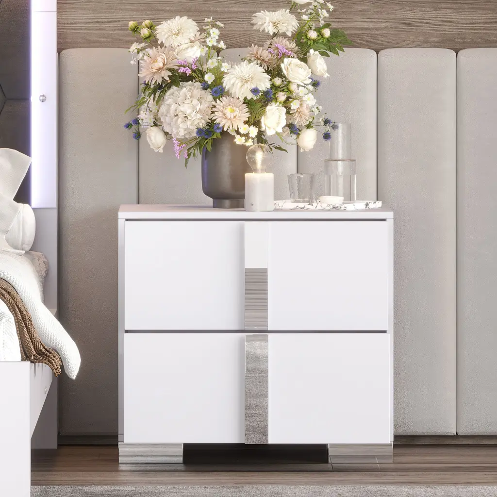 Elegant Nightstand Metallic Handle Mirrored Bedside Table 2 Drawers homey life