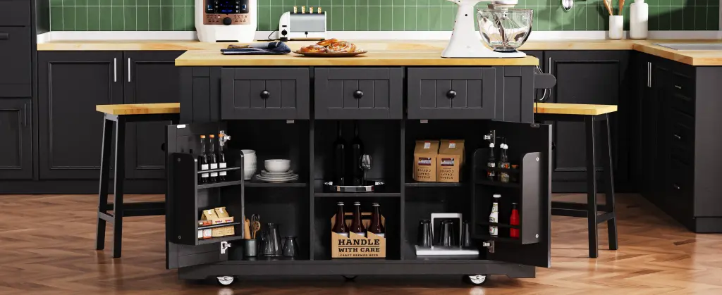 K&K 53 Inch Large Kitchen Island Drop Leaf Power Outlet and Door k-k store