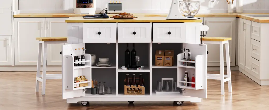 K&K 53 Inch Large Kitchen Island Drop Leaf Power Outlet and Door k-k store