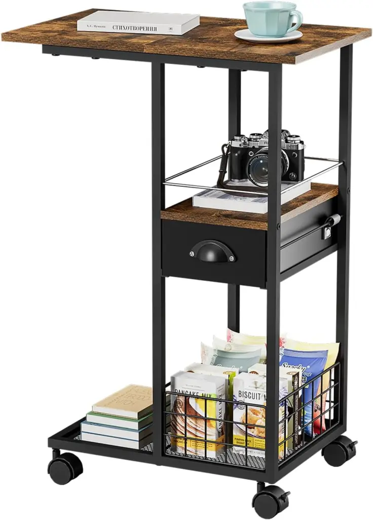 X-cosrack C-Shape Metal End Table Drawer and Wheels - Couch Side Table Living Room Bedroom
