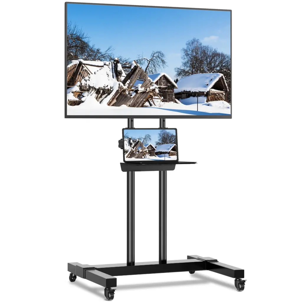 Tall Rolling TV Stand Wheels 32 to 85 Inch Flat Panel TVs Tilt Black Mobile TV Cart 5Rcom