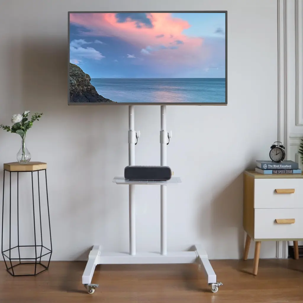 Tall TV Stand Wheels 32 to 85 Inch Flat Panel TVs Tilt Floor Trolley Stand Cart White Shelf 5Rcom