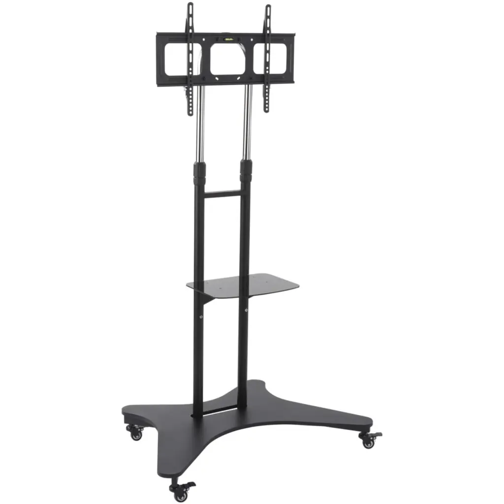 Displays2go Rolling TV Cart Shelf Black Steel and Aluminum Construction Height Adjustable