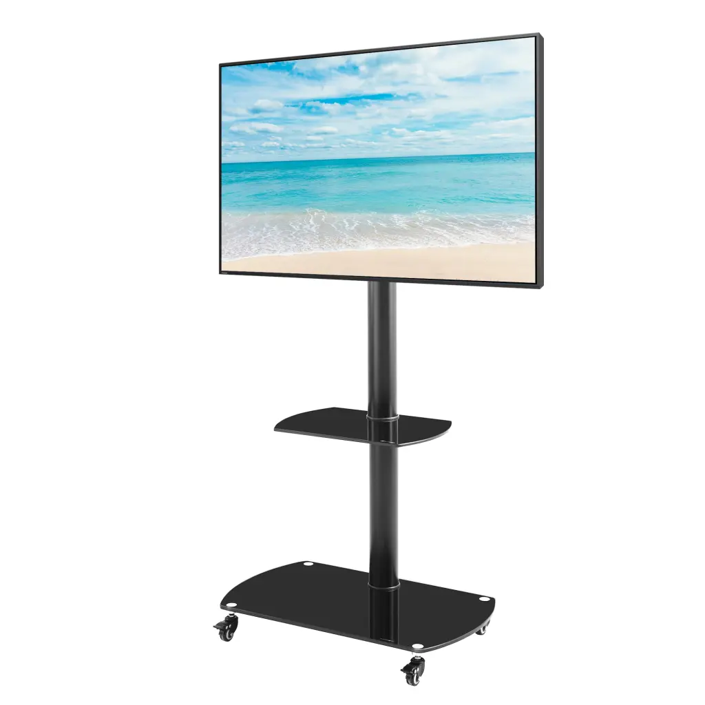 DLPIN Mobile TV Stand Lockable Wheels Adjustable Height Angle Tempered Glass Metal Frame Floor Stand LCD Plasma TVs