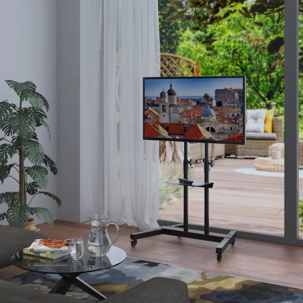 Modern Tall Mobile TV Cart 32 to 65 inch TVs Black Rolling Stand Wheels YOMT