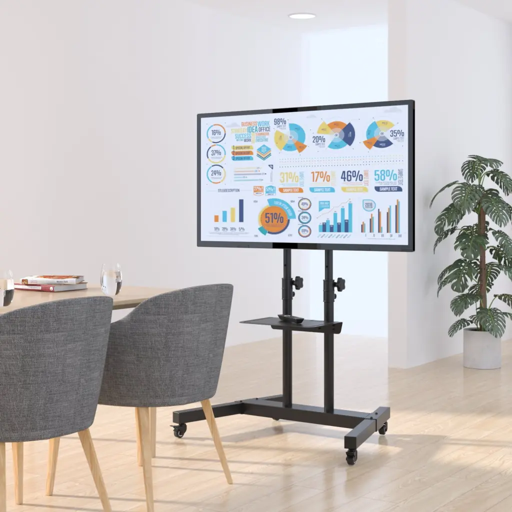 YOMT Modern Black Mobile TV Stand Rolling Cart Wheels 32 to 65 inch TVs