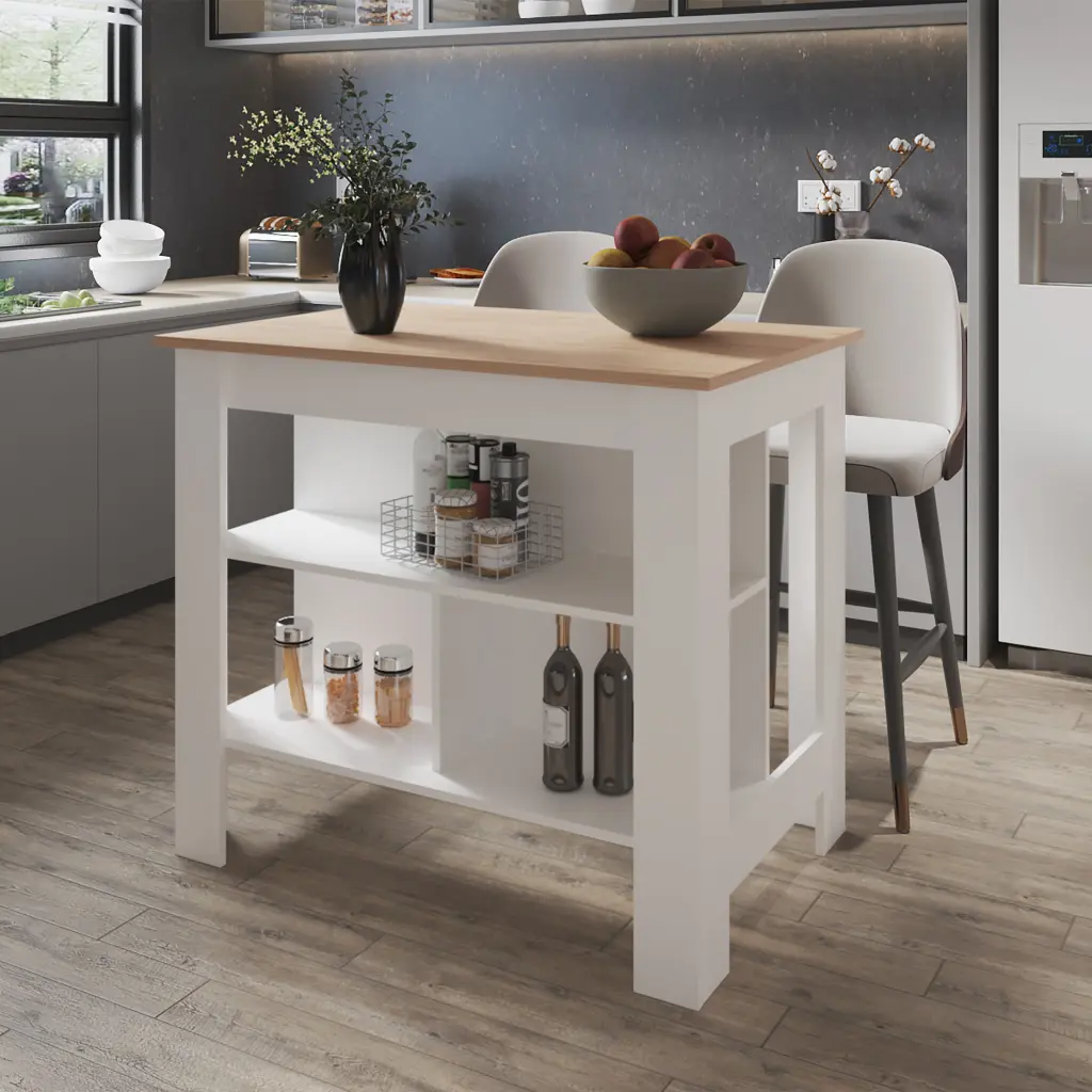 Aztec Kitchen Island Melamine Open Storage Light Pine White fm furniture