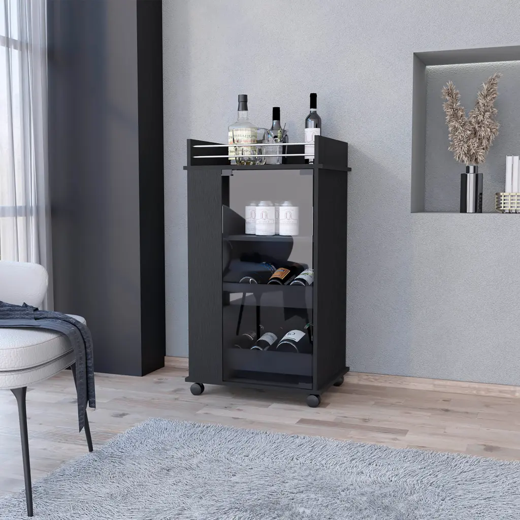 Lusk Bar Cart 2 Bottle Holder Glass Door And Casters Black Finish fm furniture