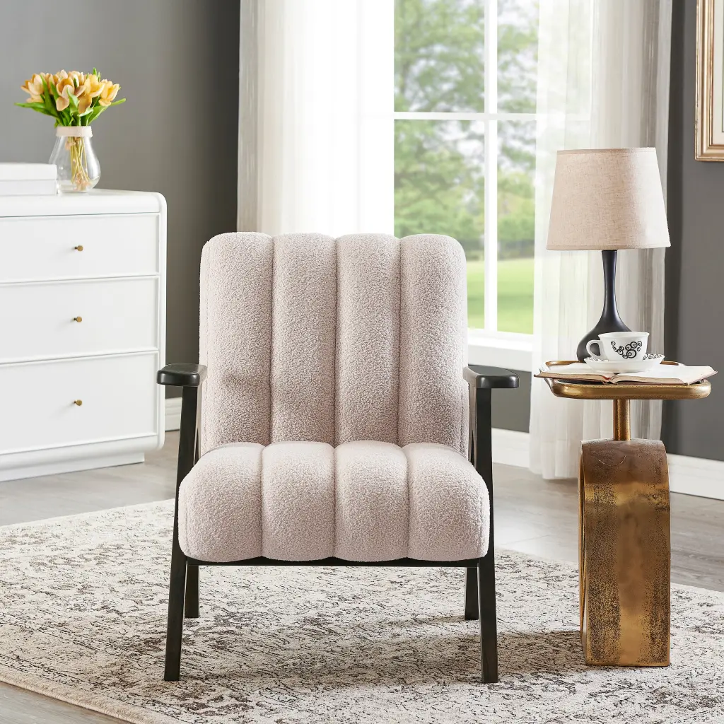 Rella Modern Teddy Sherpa Accent Chair Espresso Wood Frame Beige hz