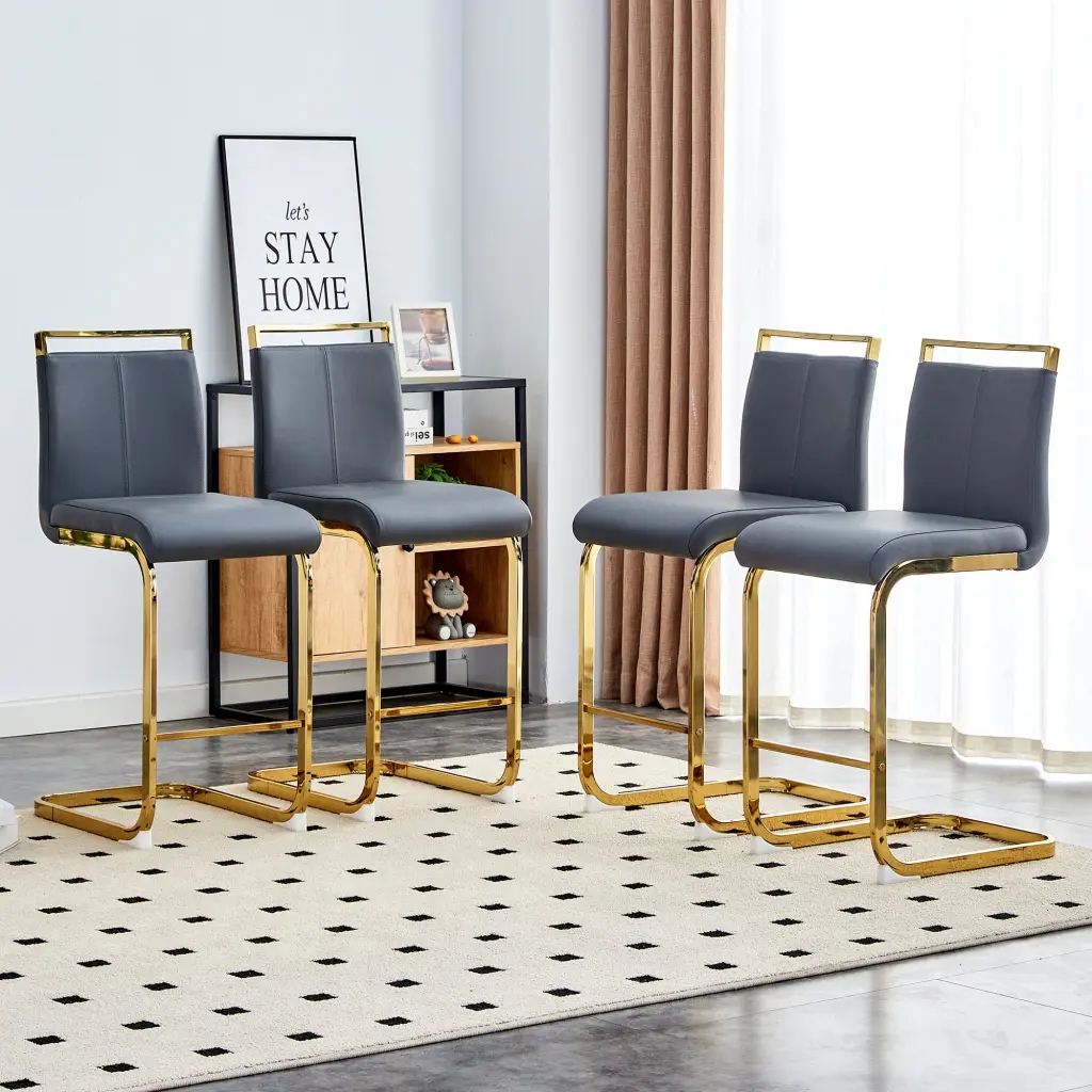 Modern PU Leather Upholstered Bar Chairs Gold Plated Metal Frame Stylish Kitchen Furniture droom w-1151