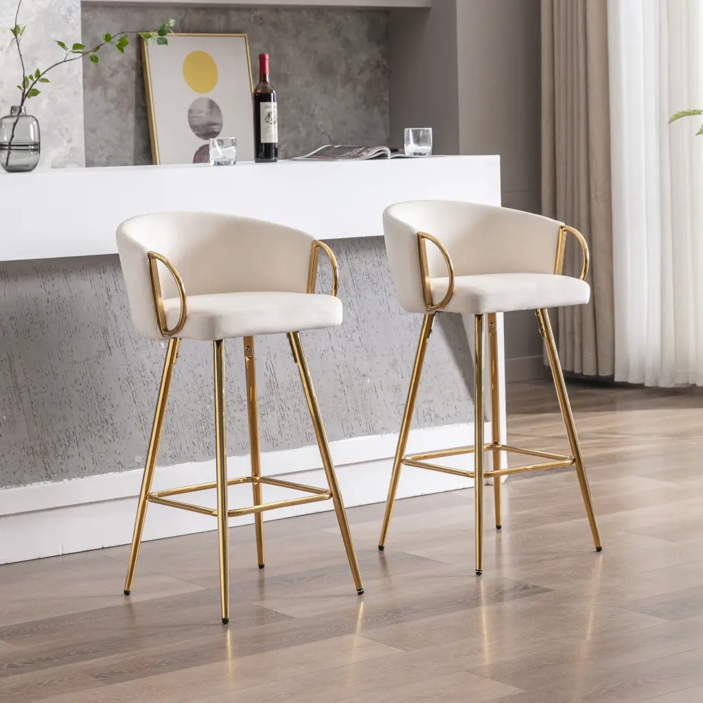 26 Inch Set 2 Bar Stools Chrome Footrest and Base Velvet Gold Modern Kitchen Stools weehaa furniture