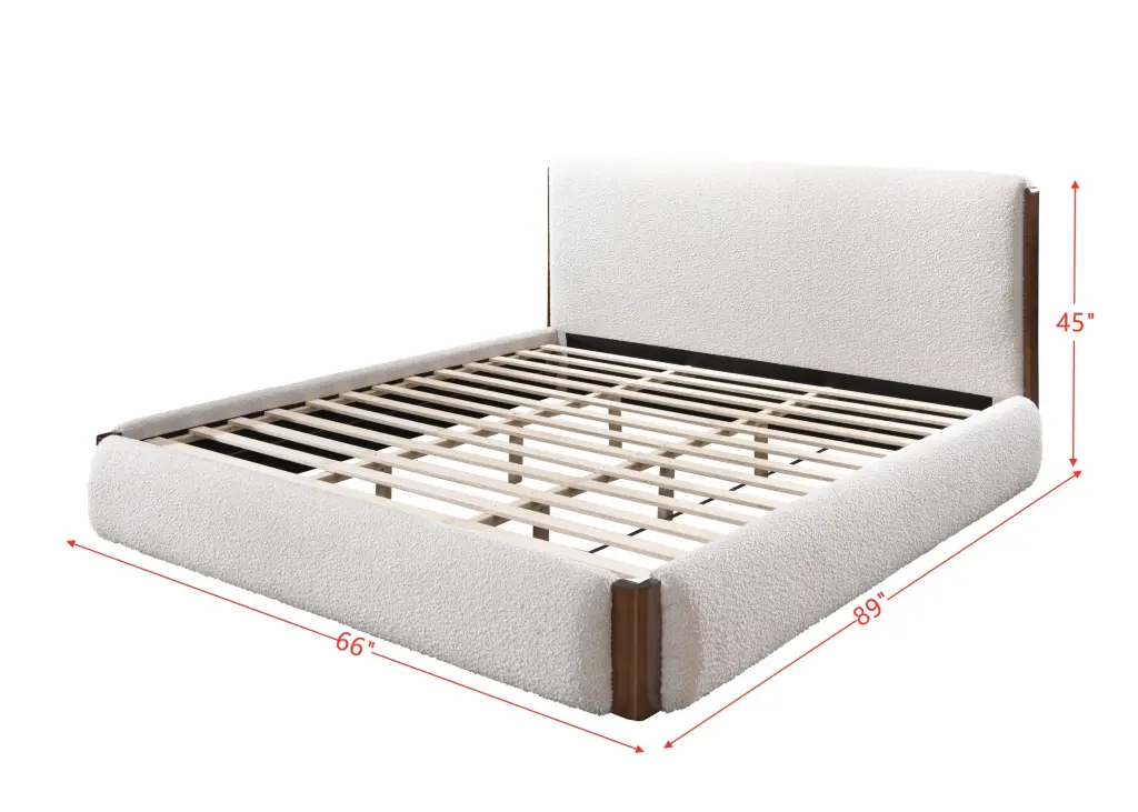 Sandro Queen Bed White Boucle and Walnut Finish acme onsite store