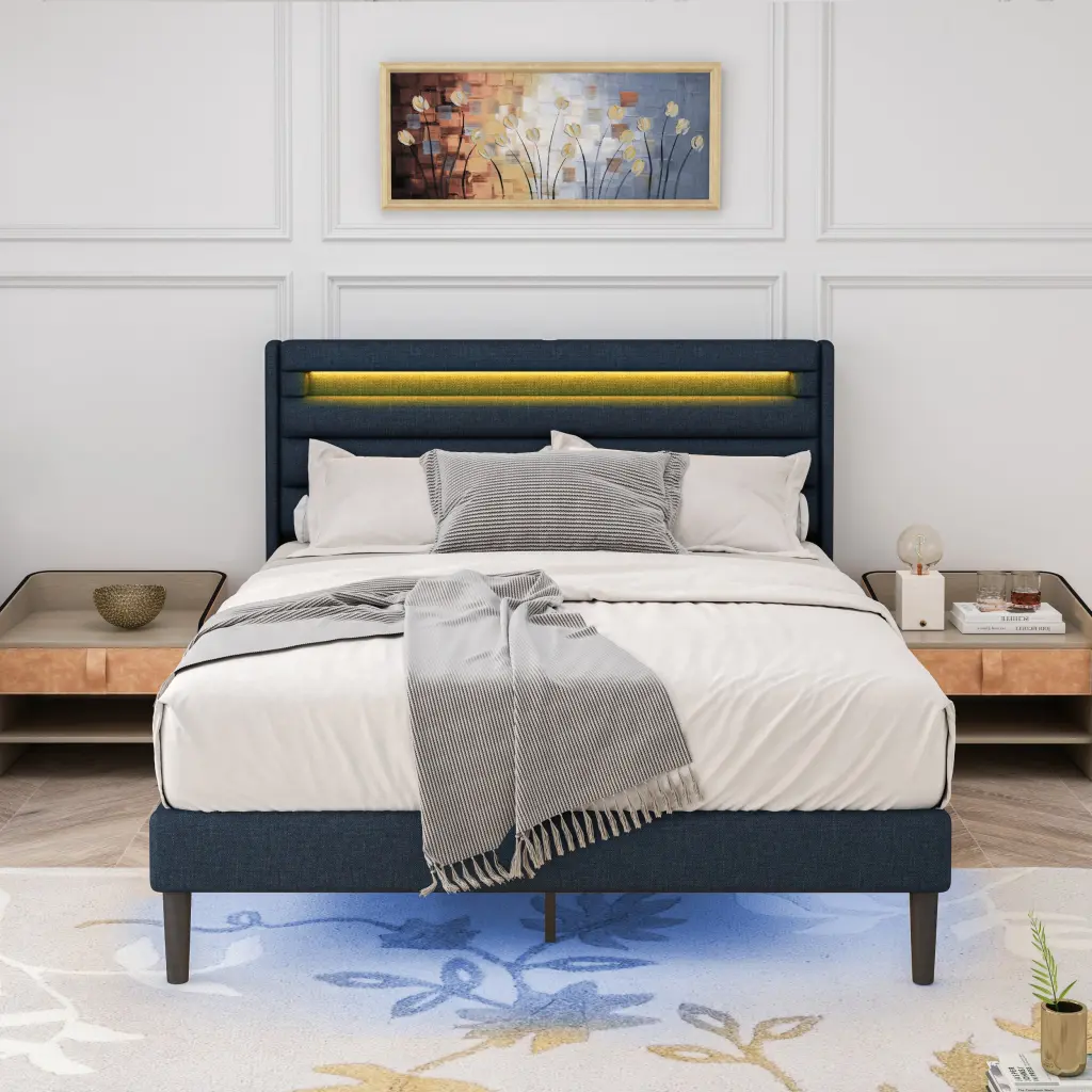 Queen Size Bedframe LED Bedside Induction Light Linen Wrapped junbed