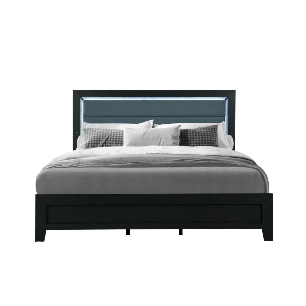 Carlos Black Full Size Bed LED Lights Solid Timber MDF Frame luxe modern furniture