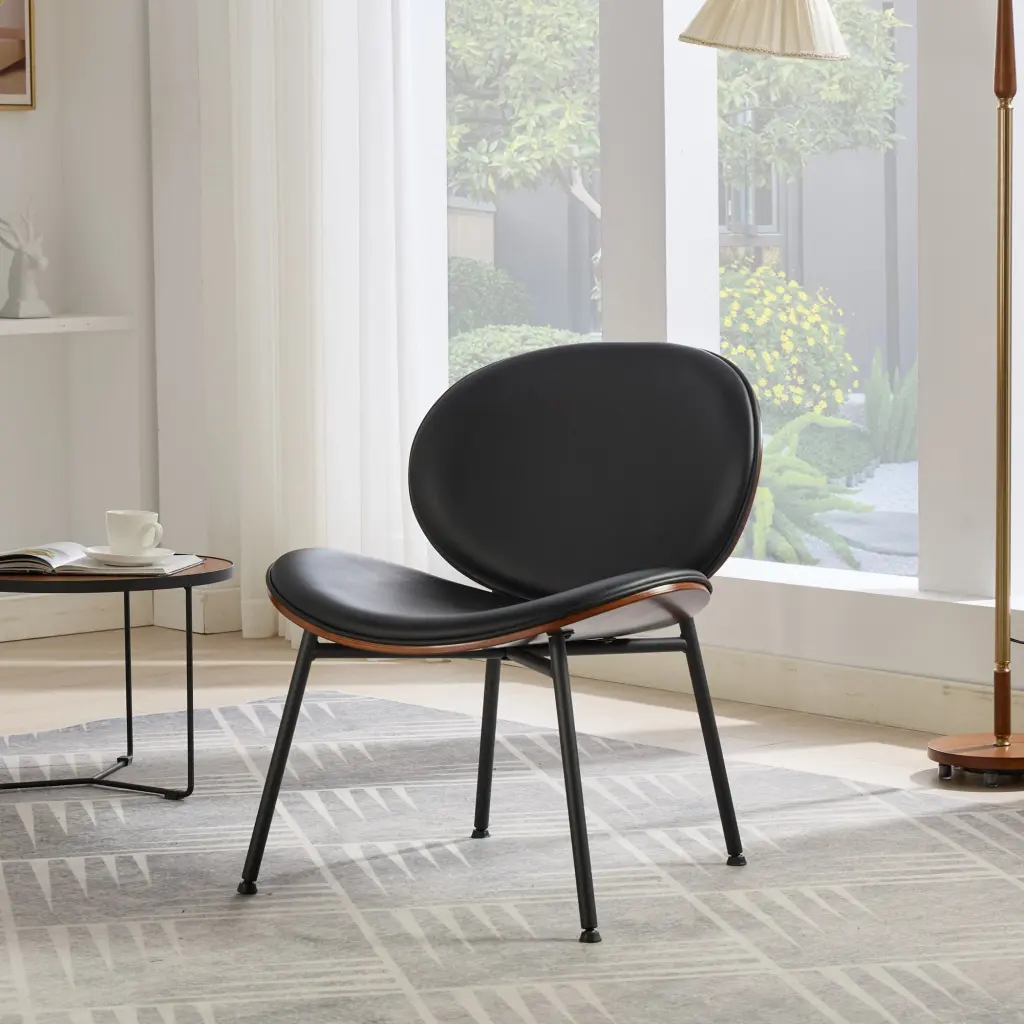 Mid Century Modern Shell Chair Single Side Chair Tripod Base Black Leather Upholstery a-a furniture