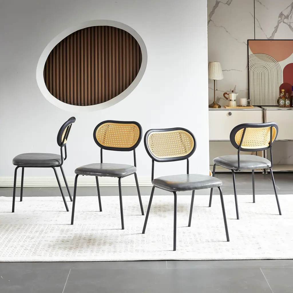 Light Grey Modern Effortless Style Dining Chair PU Hide Black Metallic Piping rnb