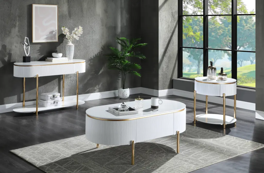 Daveigh Coffee Table White High Gloss Gold Finish Modern Living Room Table acme onsite store