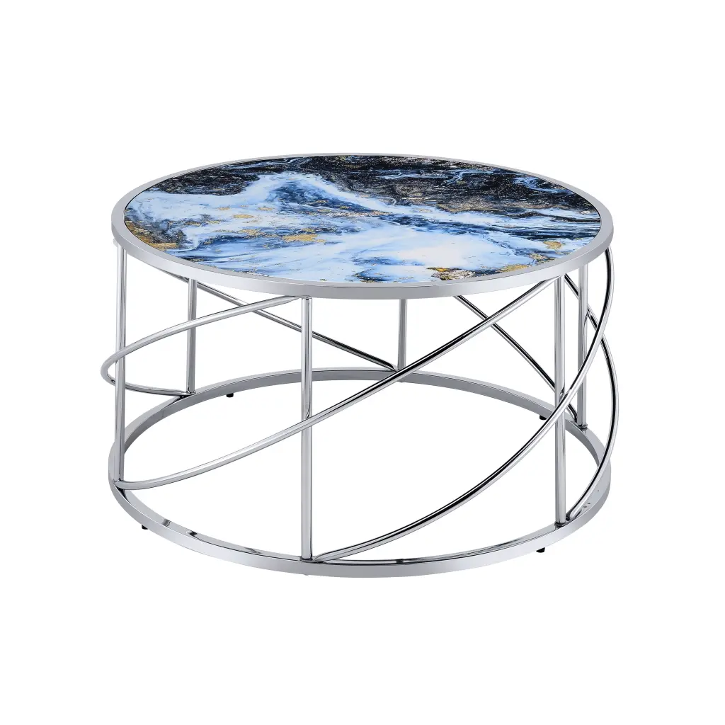 Lyda Blue Marble Print Coffee Table Chrome Finish acme onsite store