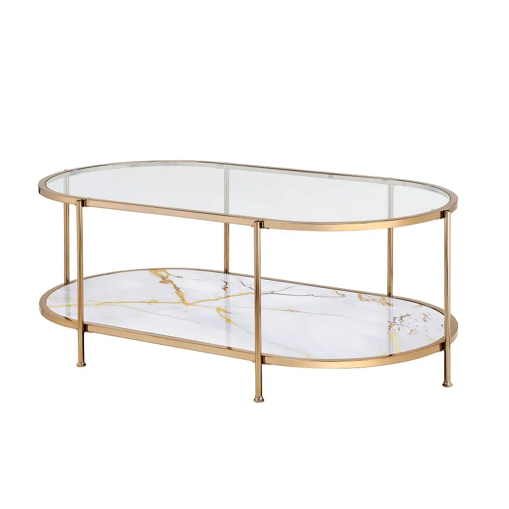 White Marble Paint Coffee Table Champagne Finish Modern Design ACME
