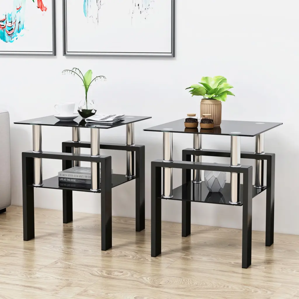 Set 2 Modern Tempered Glass Tea Table Coffee Table End Table Black ANTFURN