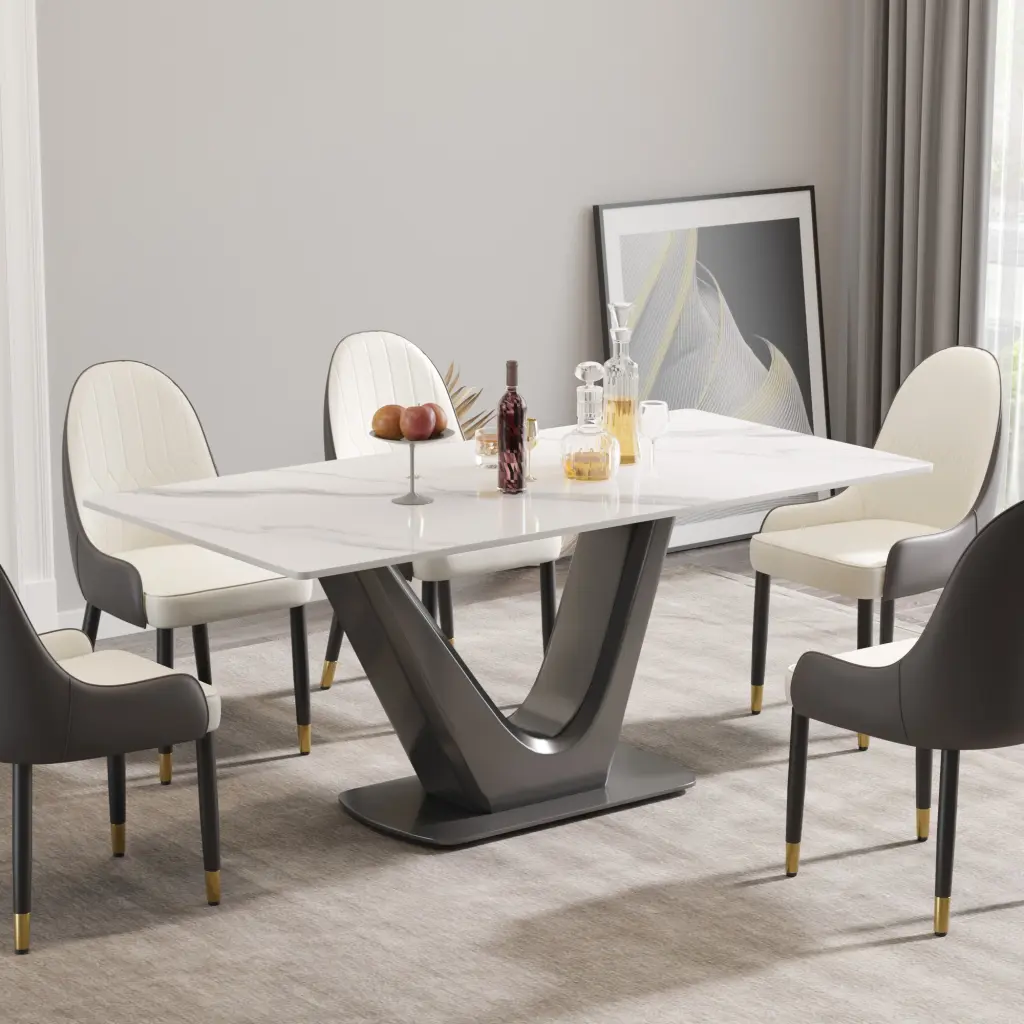 70.84 Inch Modern Artificial Stone White Panel Gray V Influenced Metal Legs Coffee Table atunus