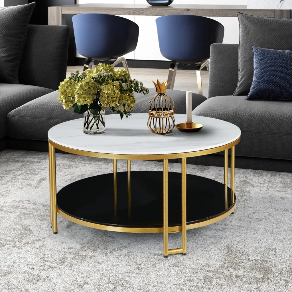 Nesia Modern 36 Inch Round White Marble Gold Coffee Table Brass Legs and Double Layer Storage Bed Bath & Beyond