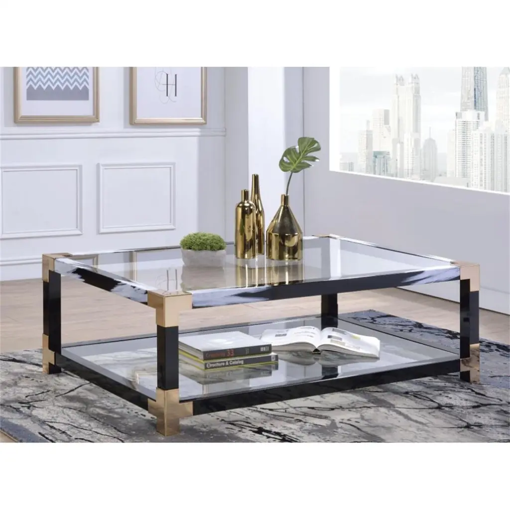 BESTCOSTY 2-Tier Coffee Table Tempered Glass Top and Metal Legs
