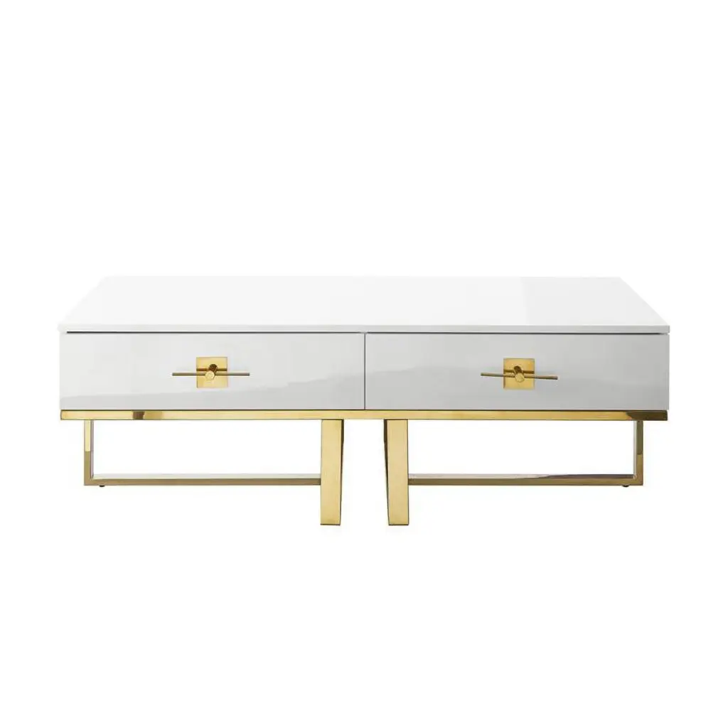 Bowery Hill 2-Drawer Stainless Steel Base Coffee Table White Gold Modern
