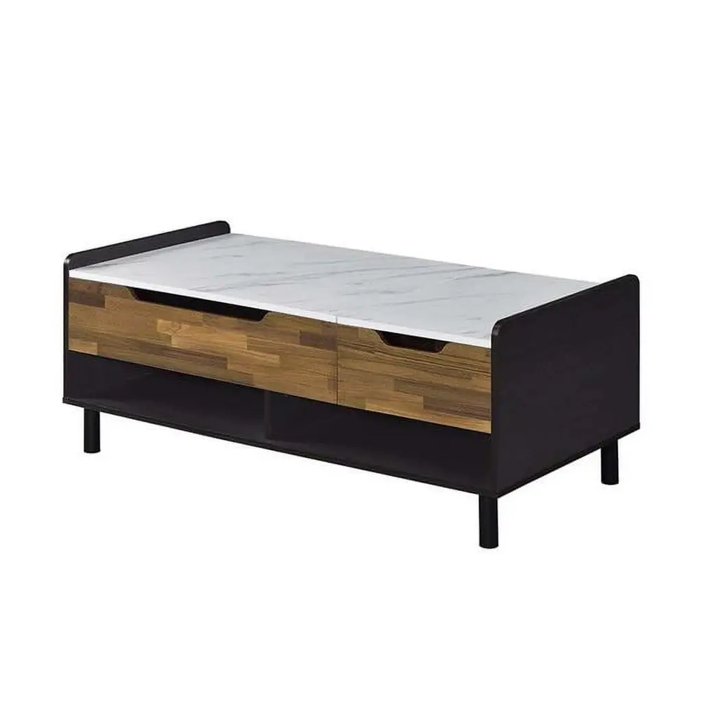 Benjara 47 Inch Faux Marble Top Coffee Table Brown and Black Convenience Concepts
