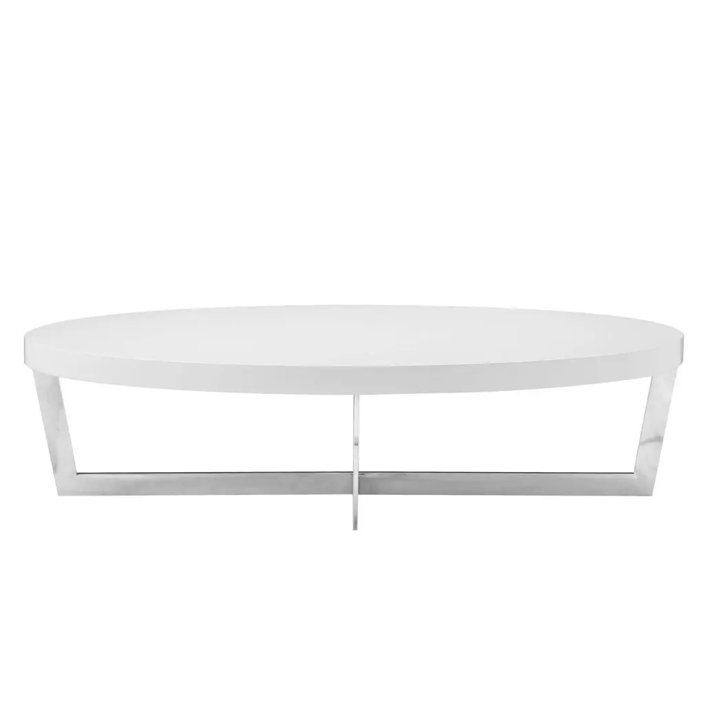 Benjara Tini 55 Inch Coffee Table Oval Shaped Top Metal Frame White Finish Convenience Concepts