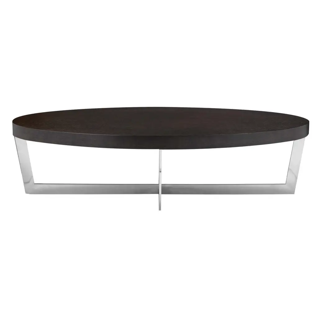 Benjara Tini 55 Inch Coffee Table Oval Top Chrome Frame Espresso Brown Finish Convenience Concepts