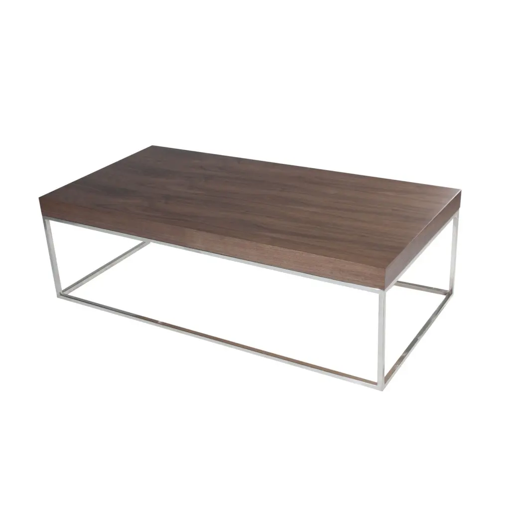 Benjara Zen 48 Inch Rectangular Coffee Table Chrome Base and Walnut Brown Wood Top Convenience Concepts