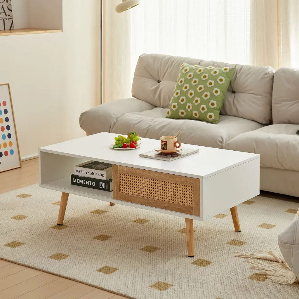 DEALTOPS Modern Coffee Table Sliding Rattan Door and Open Compartment White