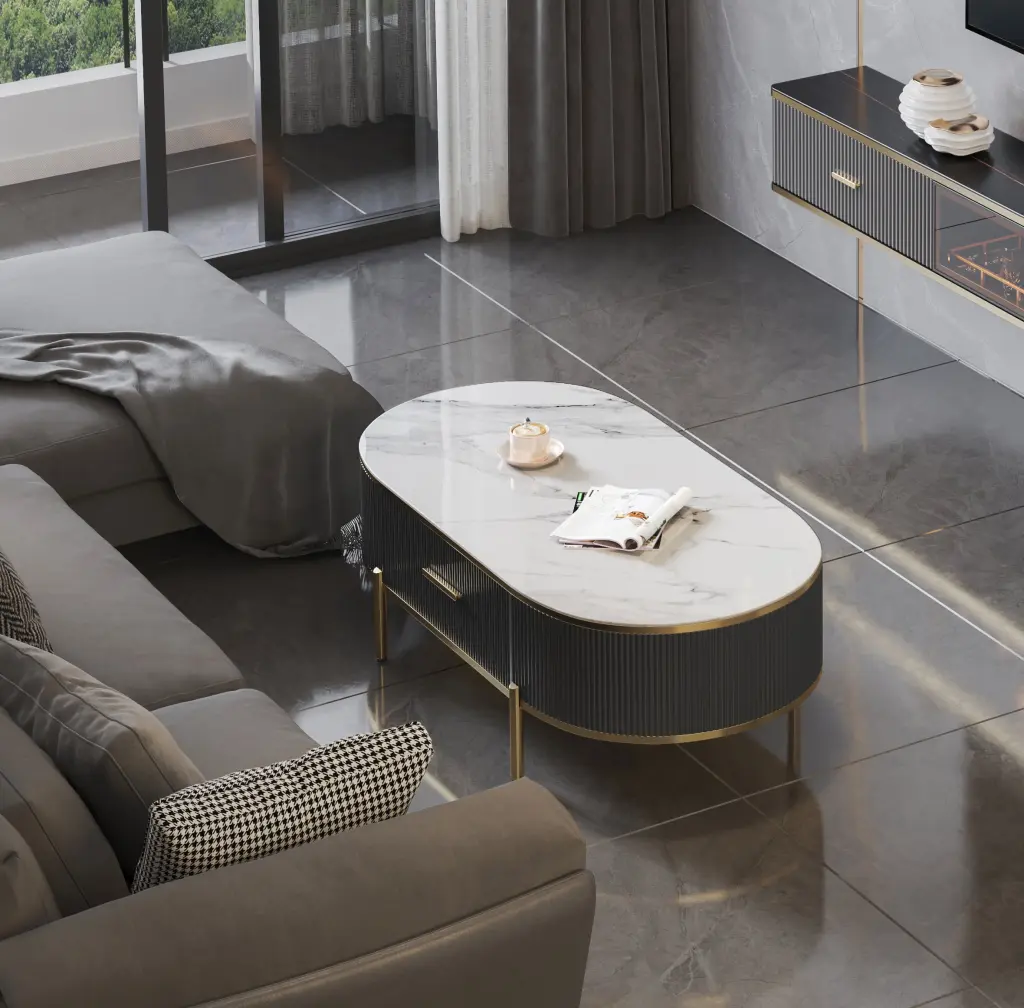 DeeHome Modern Coffee Table White Gray Sintered Stone Top and Gold Drawer