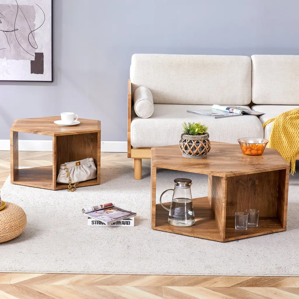 Modern Minimalist Timber Hue Hexagonal Coffee Table Set Hexagonal MDF Table droom w-1151