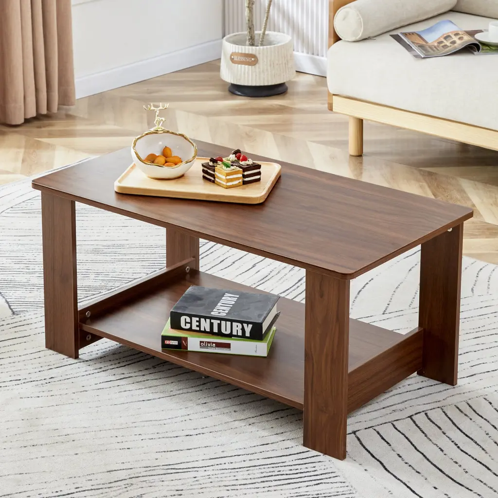 Modern Minimalist Walnut Hue Double Layered Rectangular Coffee Table droom w-1151
