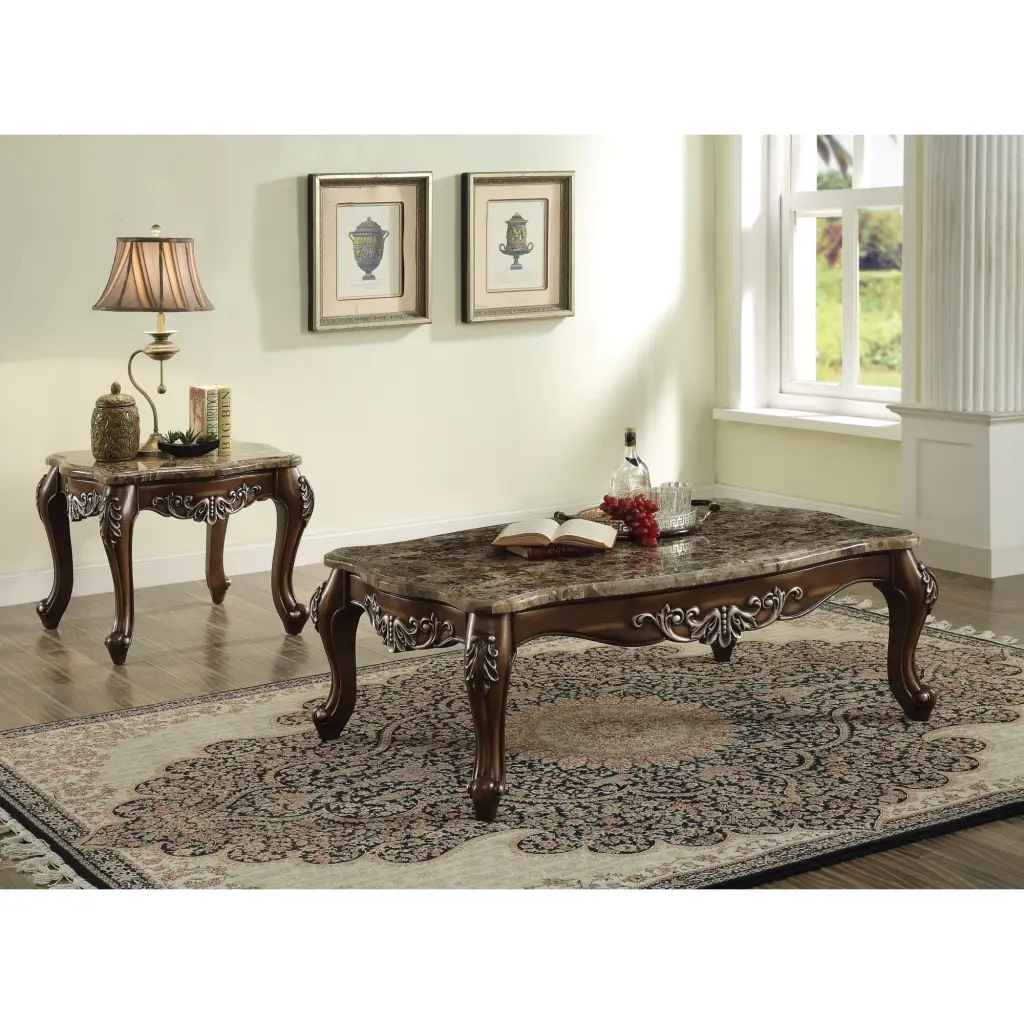 Ergode Coffee Table Marble Top Antique Oak Modern Design