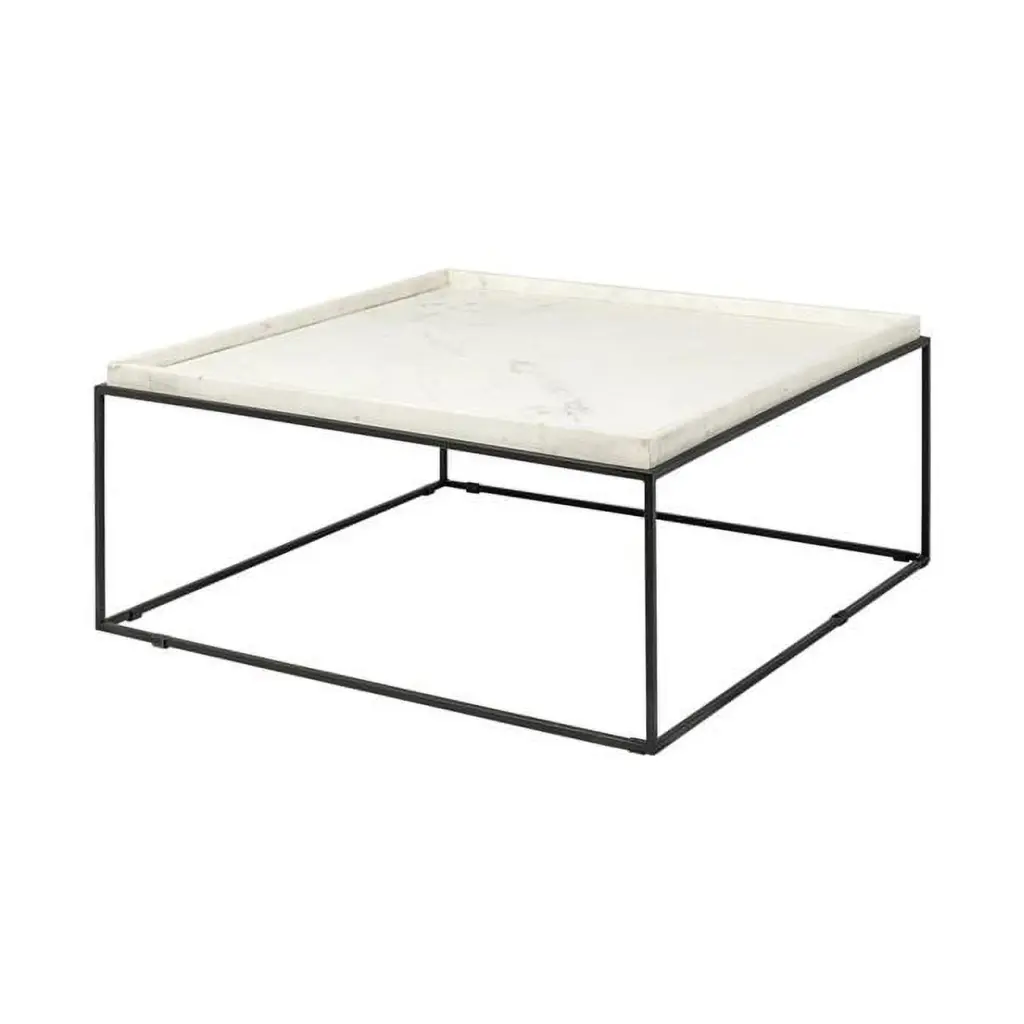 Square Top Black Metal Base Coffee Table White Marble Top Fancy Fixtures