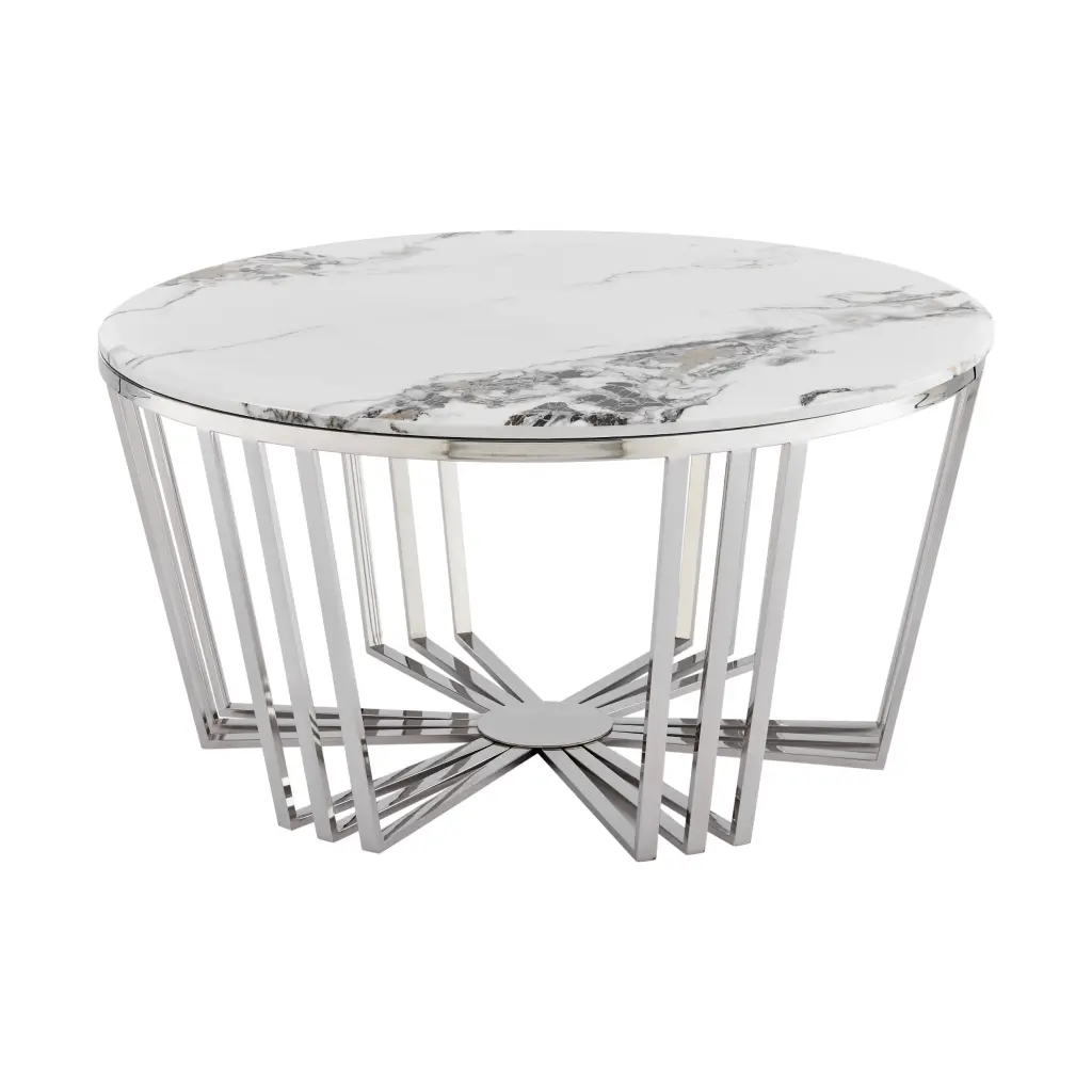 Lunar Gleam Chrome Coffee Table White Marble Finish Finesse Decor