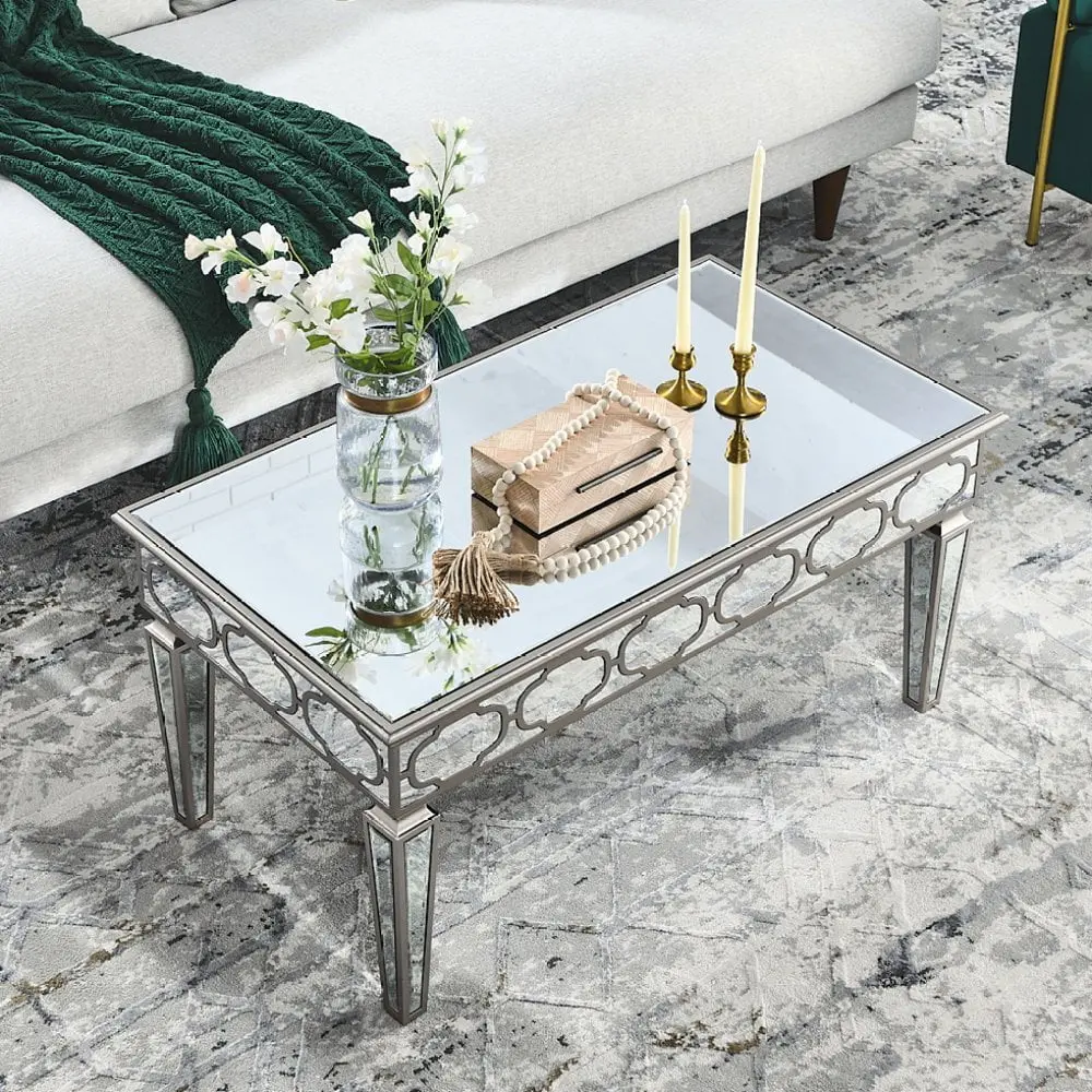 Gzxs Rectangular Mirrored Coffee Table Crystal Diamond Inlay Silver
