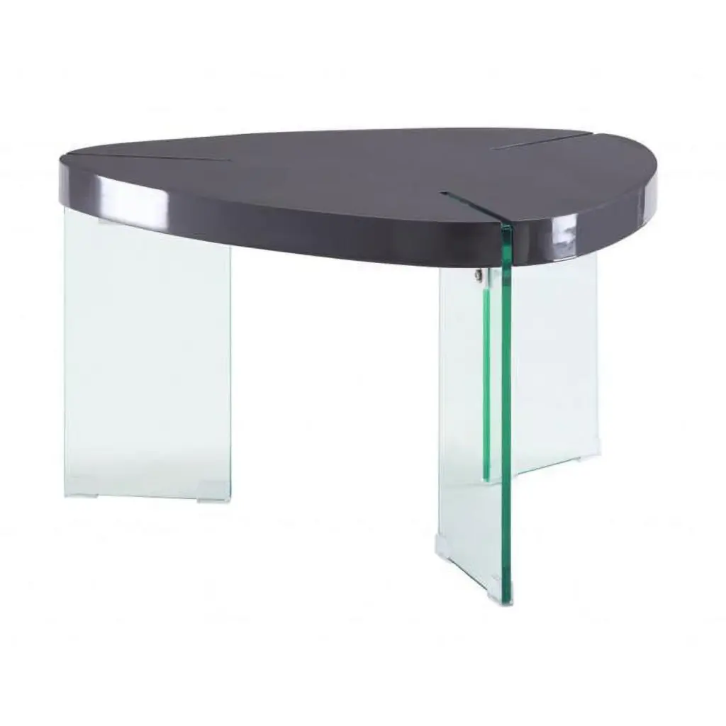 HomeRoots 18x31x30 Inch Clear Glass Triangle Coffee Table Gray High Gloss Wood Finish